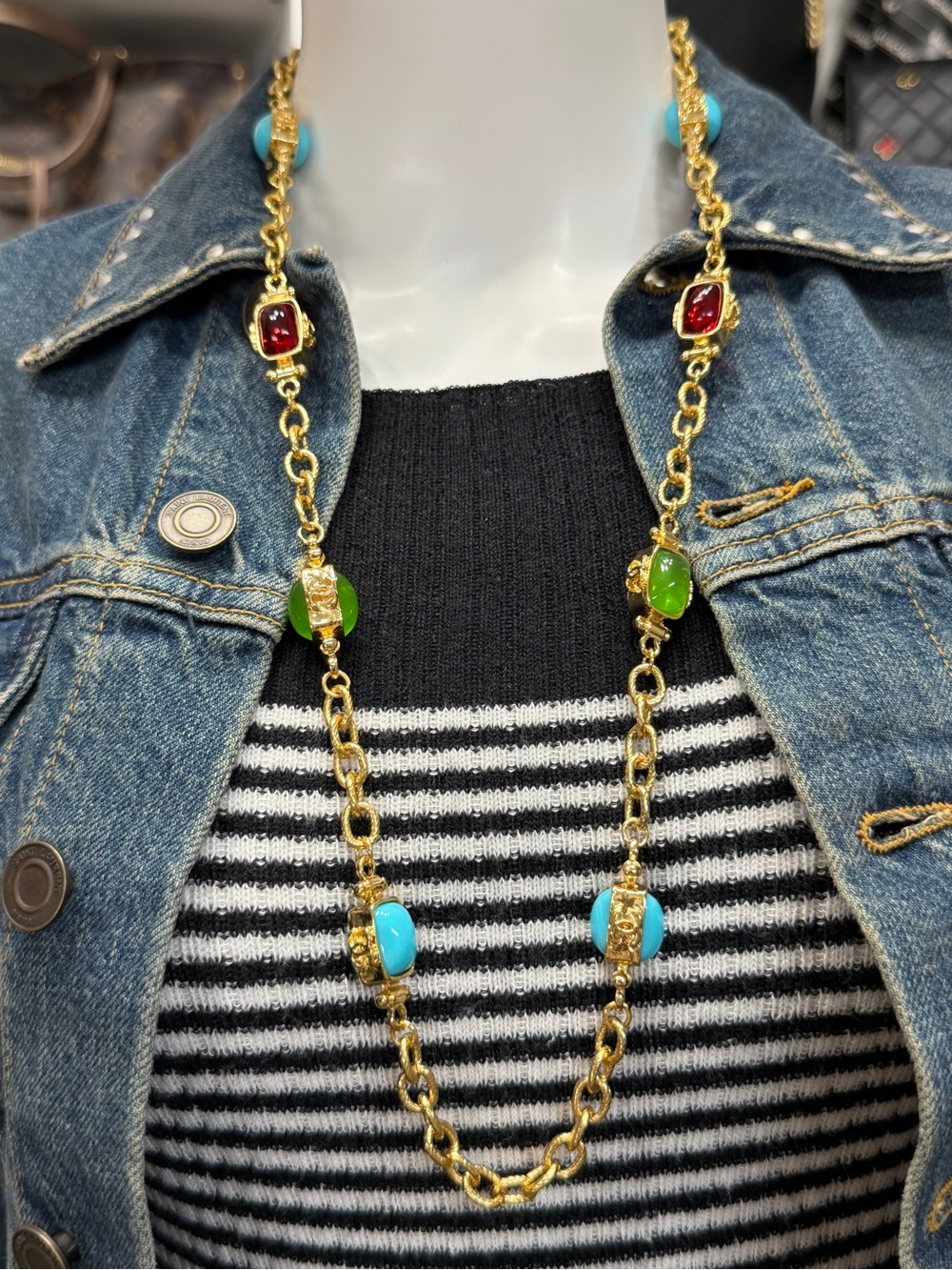 Chanel Vintage Gold Chain Sautoir Necklace Multicolor Turquoise Gripoix Stones ✨